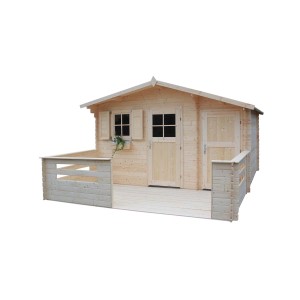 Drewniany domek ogrodowy t.b.t. z tarasem. Idealny jako domek narzędziowy lub domek do zabawy w ogrodzie.