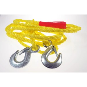 Żółta lina holownicza z dwoma metalowymi hakami do transportu.