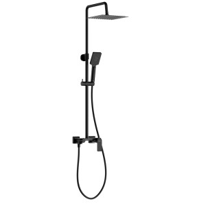 Czarna kolumna prysznicowa t.b.t. z deszczownicą i słuchawką do nowoczesnych łazienek.