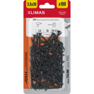 Opakowanie czarnych wkrętów 3,5x35 mm do płyt gipsowych.