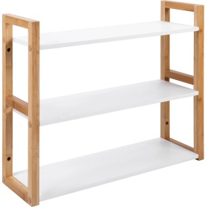 t.b.t. Zestaw mebli łazienkowych z trzema białymi półkami i jasną drewnianą ramą.