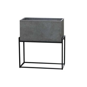 Szara donica z czarnym metalowym stojakiem, wysokość 69 cm, do użytku zewnętrznego.