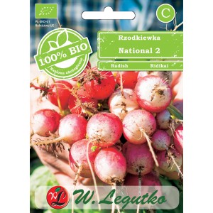 Opakowanie nasion rzodkiewki "National 2" od W. Legutko, 100% bio.