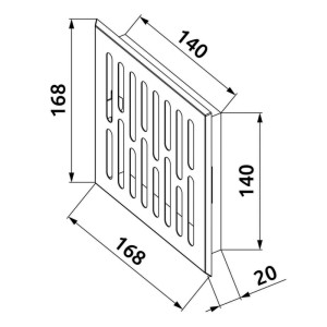 Rysunek techniczny kwadratowej kratki wentylacyjnej o wymiarach 168x168mm i 140x140mm.
