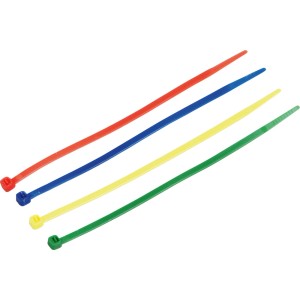 Kolorowe opaski kablowe LUX, 150 mm, wykonane z tworzywa sztucznego, po jednej w kolorze czerwonym, niebieskim, żółtym i zielonym.