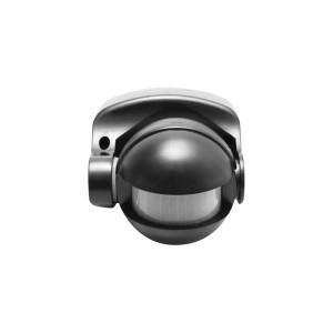 Czarny czujnik ruchu do użytku zewnętrznego.