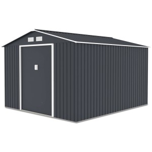Szara metalowa szopa ogrodowa. Idealna do przechowywania narzędzi ogrodowych i sprzętu.