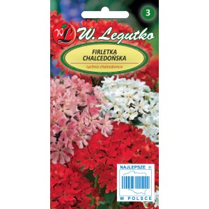 Opakowanie nasion Firletki chalcedońskiej z czerwonymi, różowymi i białymi kwiatami.