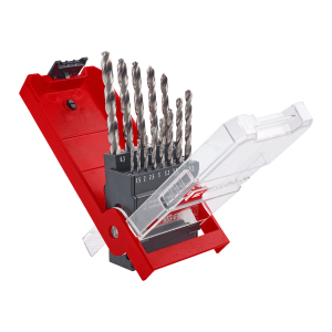 Zestaw wierteł do metalu Einhell HSS-G, 13 sztuk, w czerwonym pudełku z przezroczystą pokrywką. Wiertła od 1,5 do 6,5 mm.