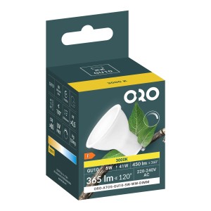 Opakowanie żarówki LED ORO GU10, 5W, 3000K, ciepła biel.