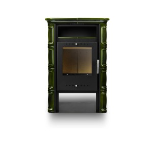 Zielony piec z czarnymi drzwiami i schowkiem.
