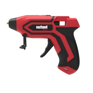 Czerwony pistolet do kleju t.b.t. z czarną rączką. Idealny do majsterkowania i prac ręcznych.