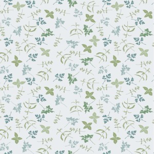 Obrus z wzorem zielonych ziół i liści.