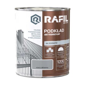 Puszka farby podkładowej Rafil, szary okienny, do powierzchni metalowych.