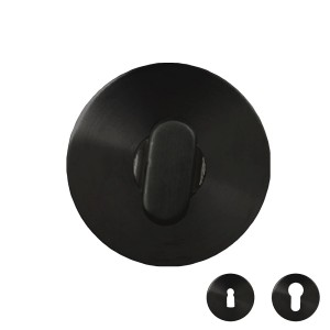 Czarny zestaw gałek do drzwi z rozetami na klucz do drzwi wewnętrznych.