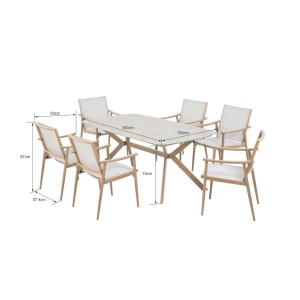 Zestaw mebli ogrodowych t.b.t. ze stołem i 6 krzesłami z drewna i tkaniny.