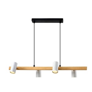 Nowoczesna lampa wisząca z czterema białymi reflektorami na drewnianej belce.