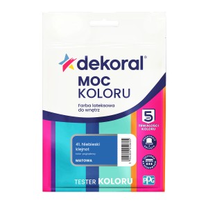 Farba do ścian Dekoral, odcień niebieski w saszetce z próbką koloru. Idealna do testowania kolorów we wnętrzach.