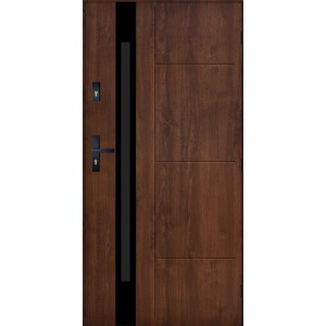Nowoczesne drzwi zewnętrzne w kolorze drewna z czarnym akcentem i klamką.
