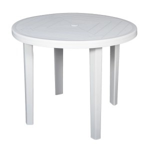 Biały, okrągły stół ogrodowy z tworzywa sztucznego. Idealny na balkon i taras.