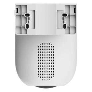 Biała kamera monitoringu t.b.t. z uchwytem montażowym i kratką głośnika.