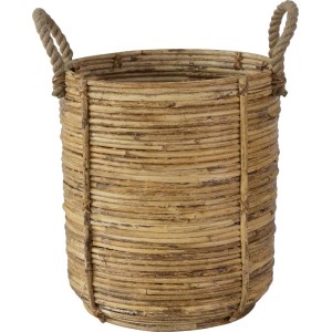 Okrągła rattanowa doniczka na zioła z uchwytami ze sznura do użytku w pomieszczeniach.