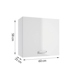 Biała szafka wisząca z zestawu mebli kuchennych z uchwytem i wymiarami.