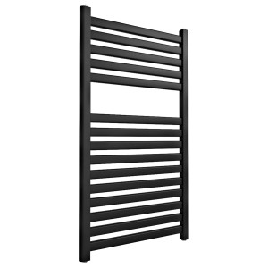 Czarny grzejnik t.b.t. do łazienki i salonu, nowoczesny wygląd.