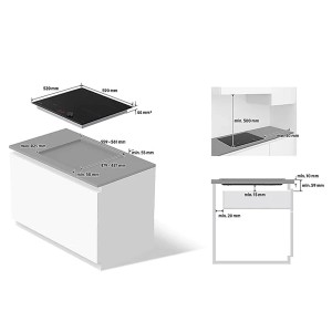 Wymiary i instrukcje montażu płyty indukcyjnej t.b.t. Szkice z wymiarami.