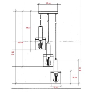 Rysunek techniczny lampy wiszącej t.b.t. z wymiarami.
