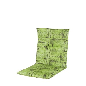 Zielona poduszka na krzesło ogrodowe z wzorem tekstowym, idealna do wygodnego siedzenia na zewnątrz.