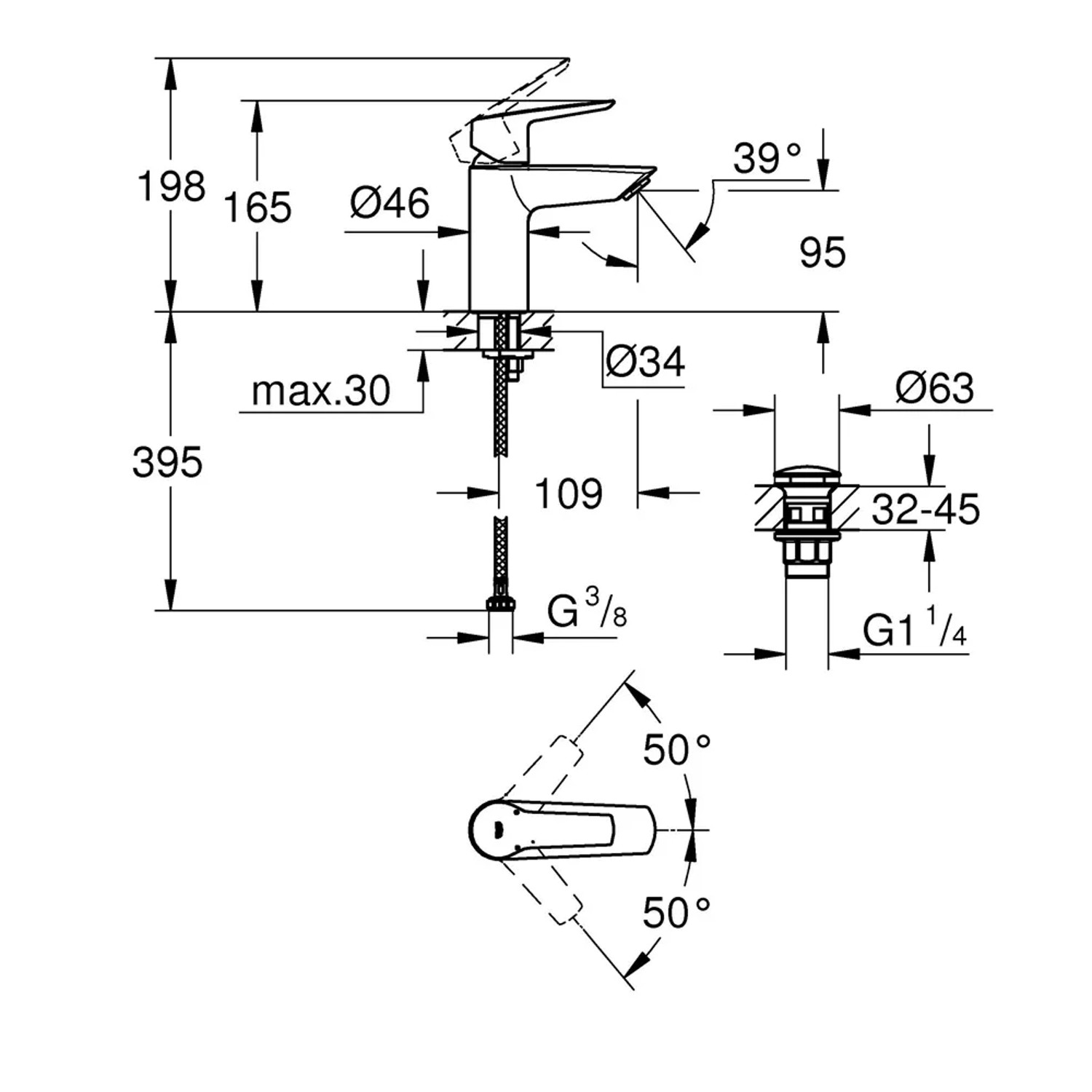 Rysunek techniczny: Bateria umywalkowa Grohe QuickFix Start S-Size z wymiarami i detalami.