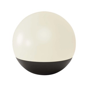 Dekoracyjna lampa stołowa, kulista, z czarną podstawą.