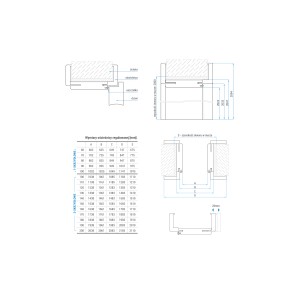 Rysunek techniczny drzwi wewnętrznych z wymiarami i szczegółami górnych drzwi.
