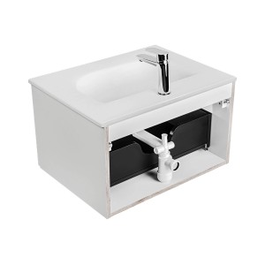 Szafka pod umywalkę z syfonem i baterią. Biały design.