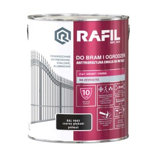 Ciemnoszara farba antykorozyjna Rafil do bram i ogrodzeń, puszka 1L.