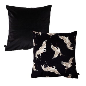 Poduszka t.b.t. ze wzorem żurawi i czarnym aksamitnym tyłem.
