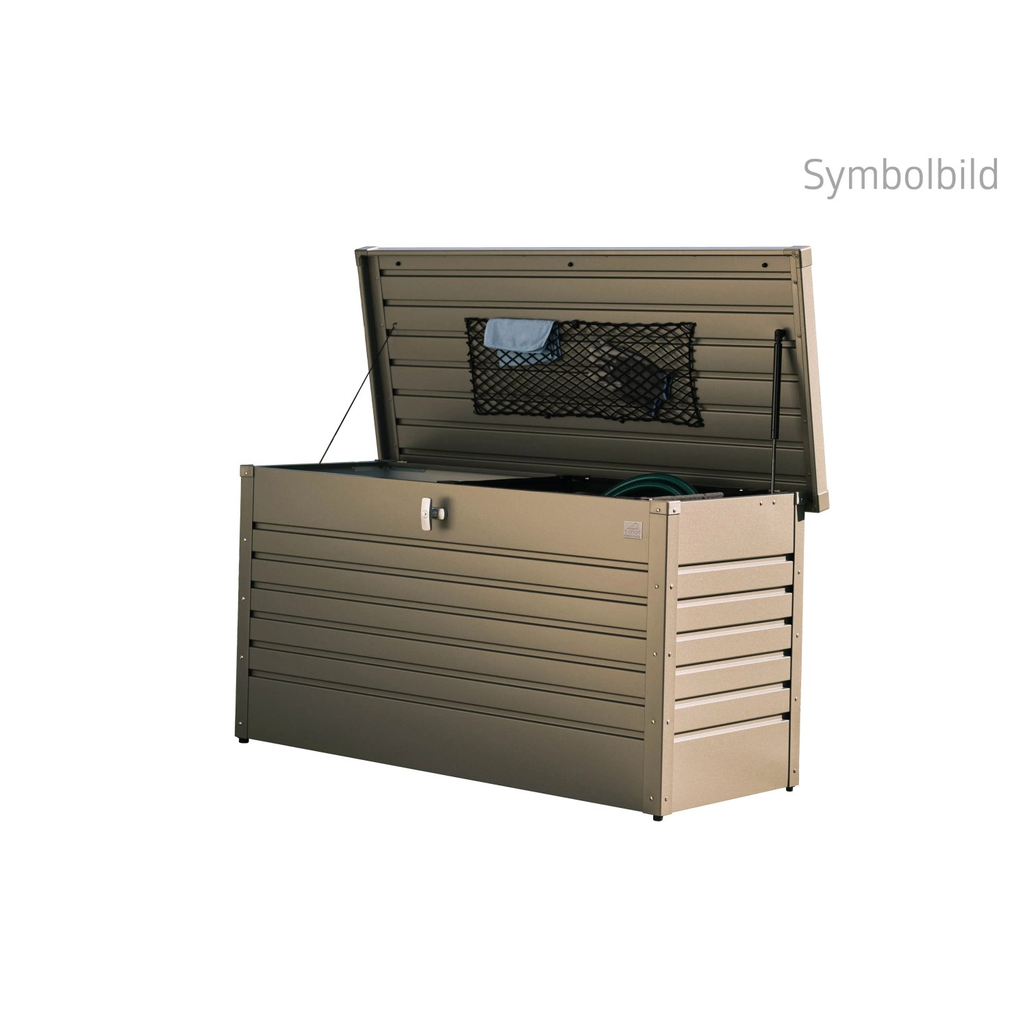 Biohort FreizeitBox 100 z blachy stalowej w kolorze brązu metalicznego, otwarta, z siatką w pokrywie. Praktyczny pojemnik.