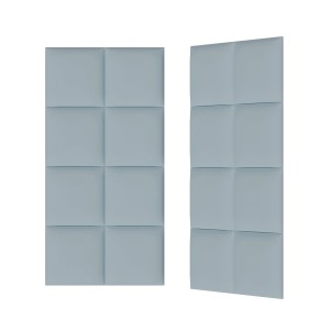 Panele ścienne t.b.t. w kolorze jasnoniebieskim, kwadratowy wygląd tapicerowany.