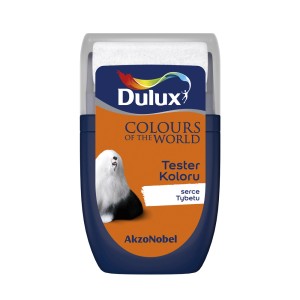 Tester koloru Dulux „Serce Tybetu“: Niebiesko-pomarańczowy wałek do malowania ścian z motywem psa.