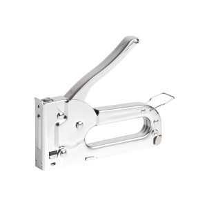 Srebrny zszywacz ręczny do użytku domowego i profesjonalnego.