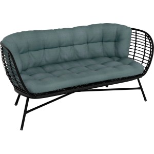 Szara rattanowa ławka ogrodowa, część zestawu mebli.