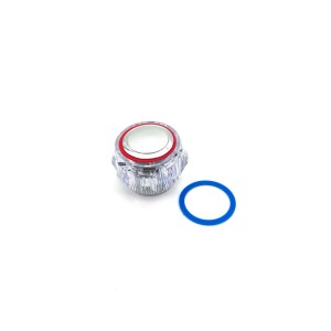 Uchwyt zapasowy t.b.t., przezroczysty z czerwonym pierścieniem i niebieską uszczelką.