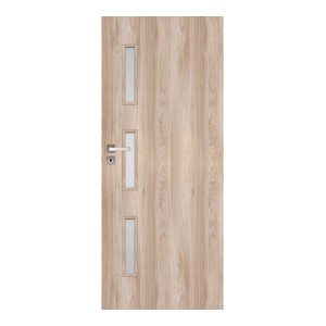 Jasne kolorowe drzwi wewnętrzne z trzema wąskimi wstawkami szklanymi i srebrną klamką.