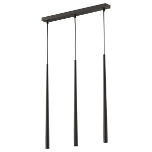 Czarna lampa wisząca t.b.t. z trzema cylindrycznymi lampami do użytku wewnętrznego.