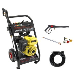 Myjka ciśnieniowa Lavor z akcesoriami: pistolet, dysze, lanca i wąż.