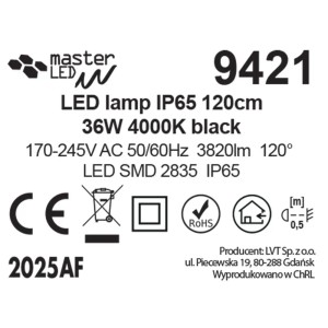 Master LED Lampa 36W 4000K 3820lm IP65 120 cm czarna