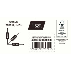 Infografika kartonu t.b.t.: wymiary, znak FSC, kod kreskowy i informacje o producencie.