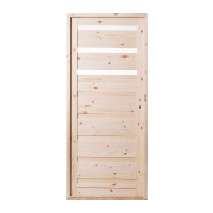 Drzwi wewnętrzne t.b.t. z jasnego drewna z czterema poziomymi wstawkami szklanymi.