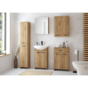 Zestaw łazienkowy z szafką wysoką, szafką pod umywalkę, szafką z lustrem i szafką dolną w optyce drewna.